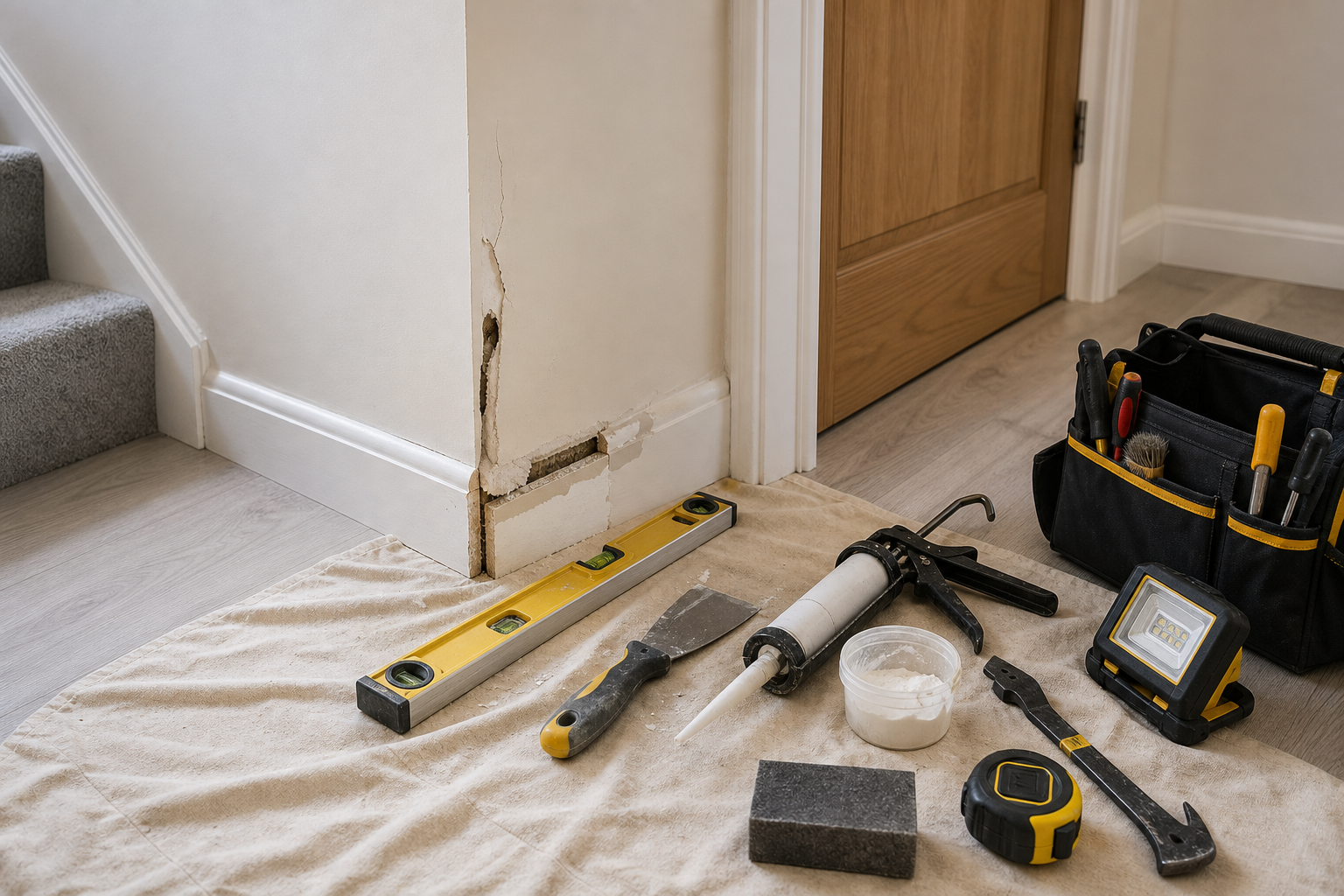 A toolset and materials on a tarp are arranged near a damaged wall corner by a staircase.