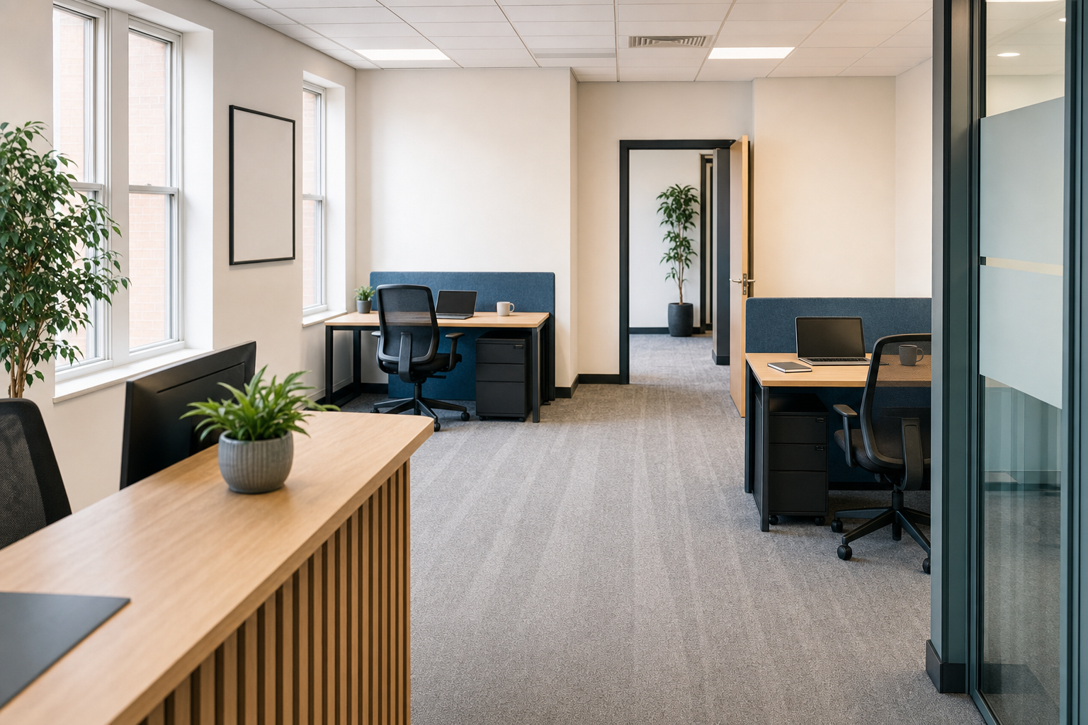 Modern office space with wooden desks, chairs, and potted plants, featuring laptops and a bright, airy atmosphere.