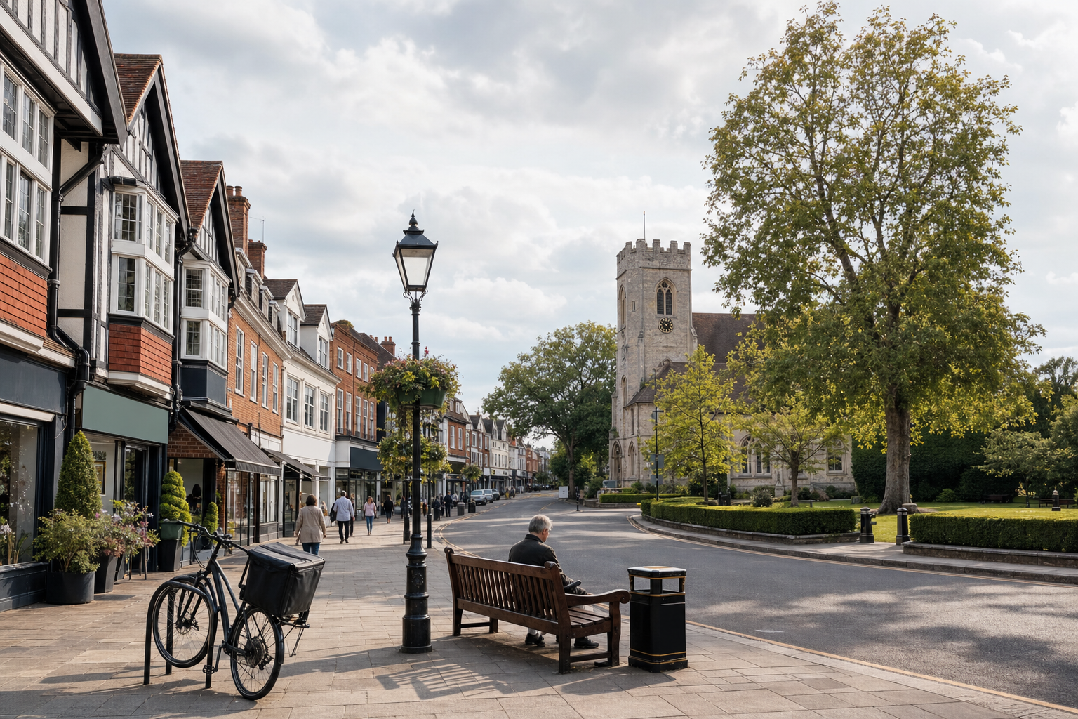 A quiet street scene with a historic church, people walking, and a man sitting on a bench near parked bicycles.