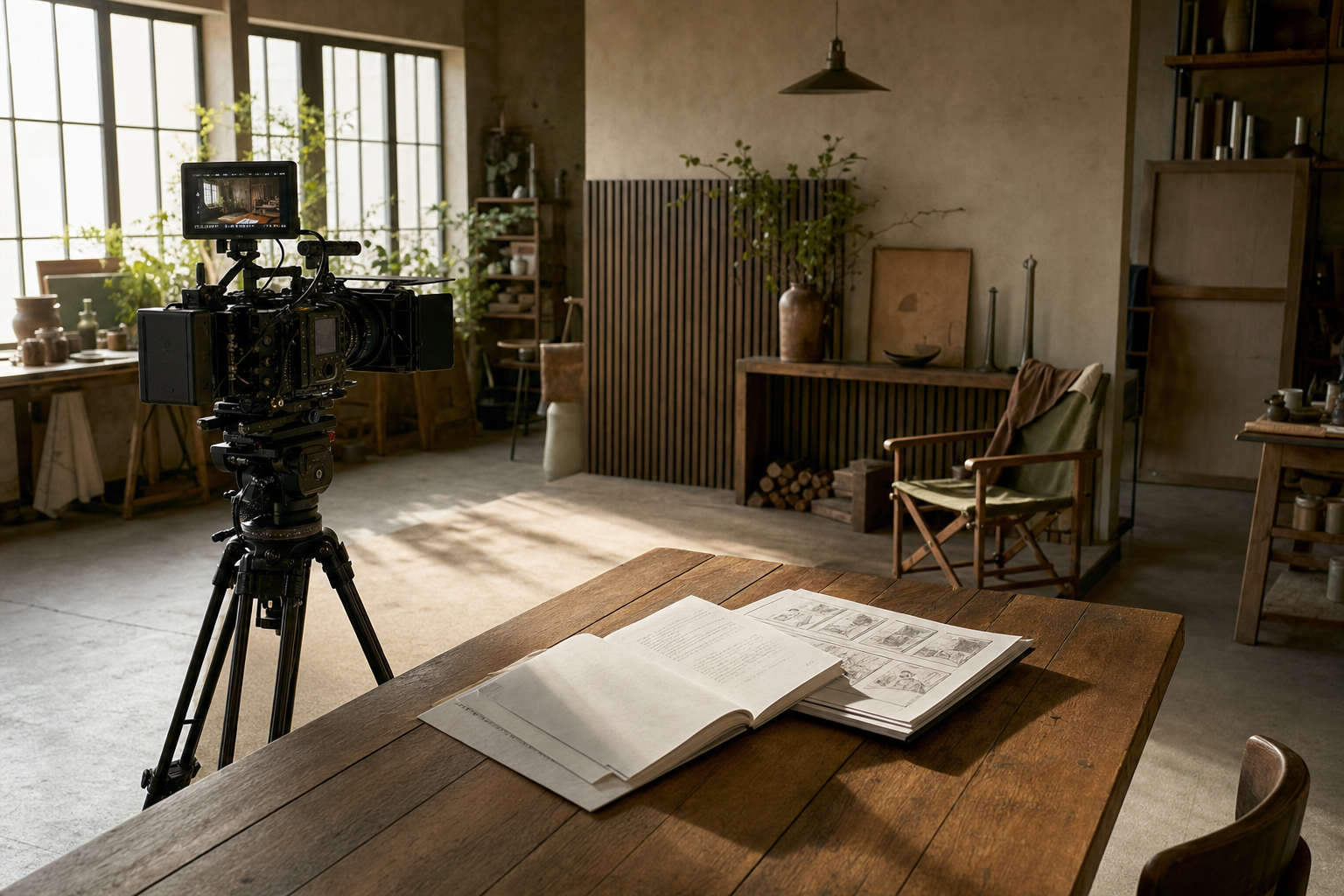 A film camera focuses on an open book on a wooden table in a sunlit, rustic room.