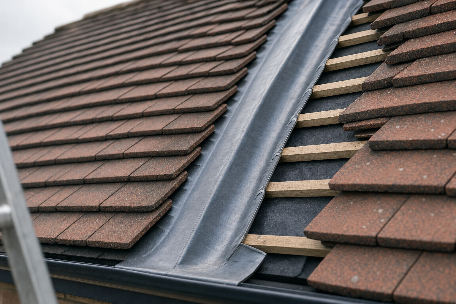 Close-up of a tiled rood with visible flashing and wooden batten supports.