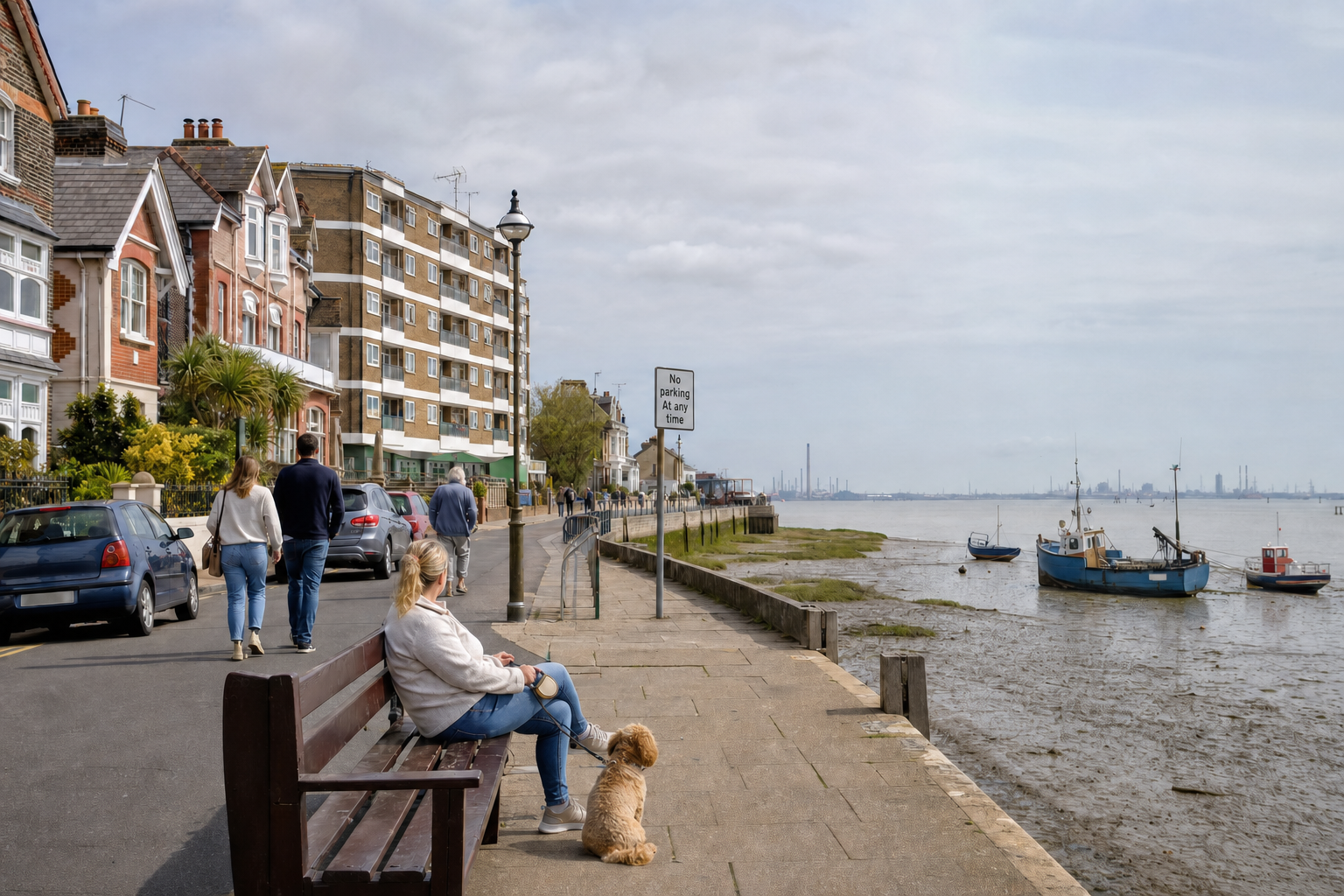 A woman sits on a bench with a dog, overlooking a riverside street with parked cars and boats in the distance.