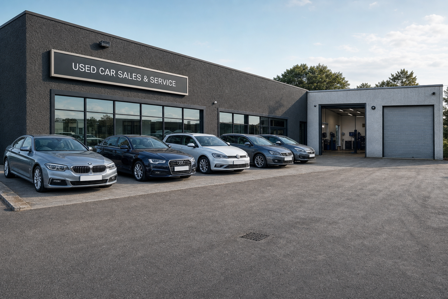 A row of cars parked outside a used car sales and service centre with a garage entrance visible.
