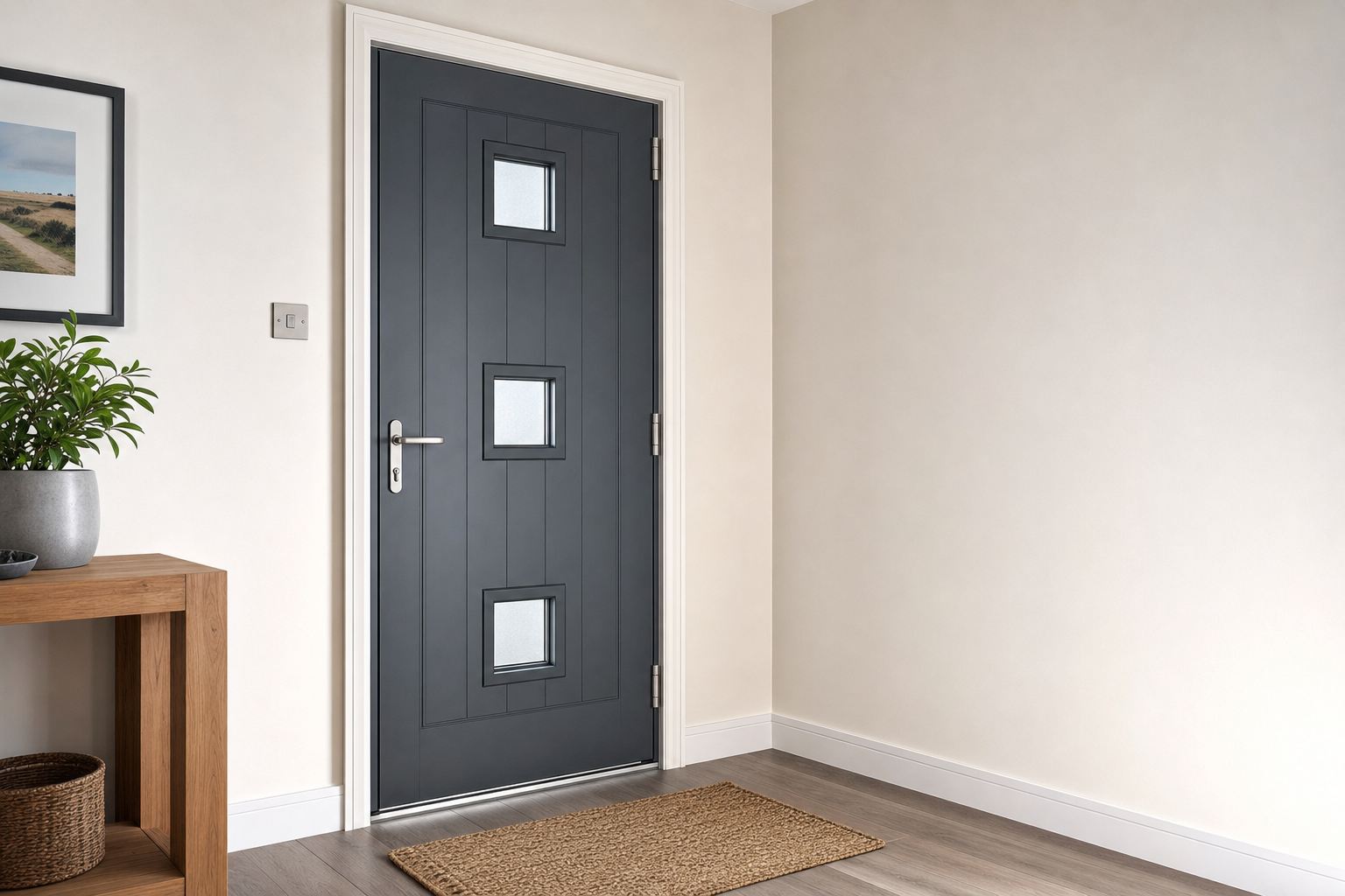 A modern grey front door with square frosted glass panels beside a wooden table and potted plant.