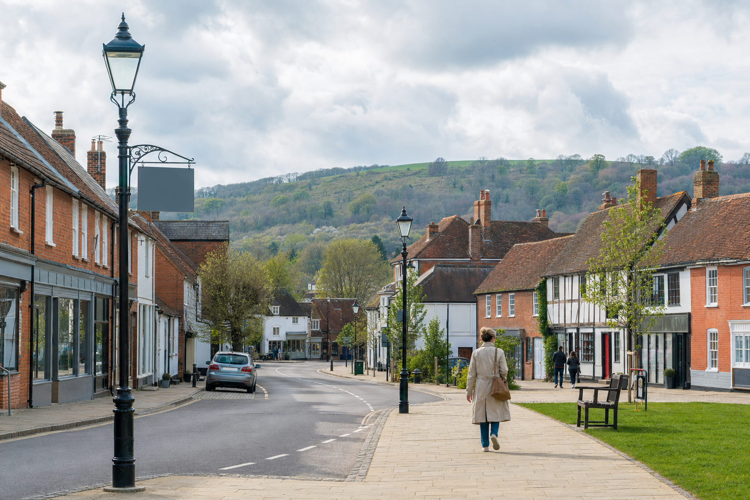 A person walks along a quaint village street lined with shops and traditional houses, set against a backdrop of rolling hills.