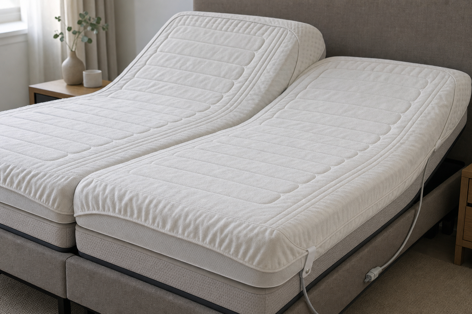 Adjustable double bed with white mattresses in a modern bedroom setting.