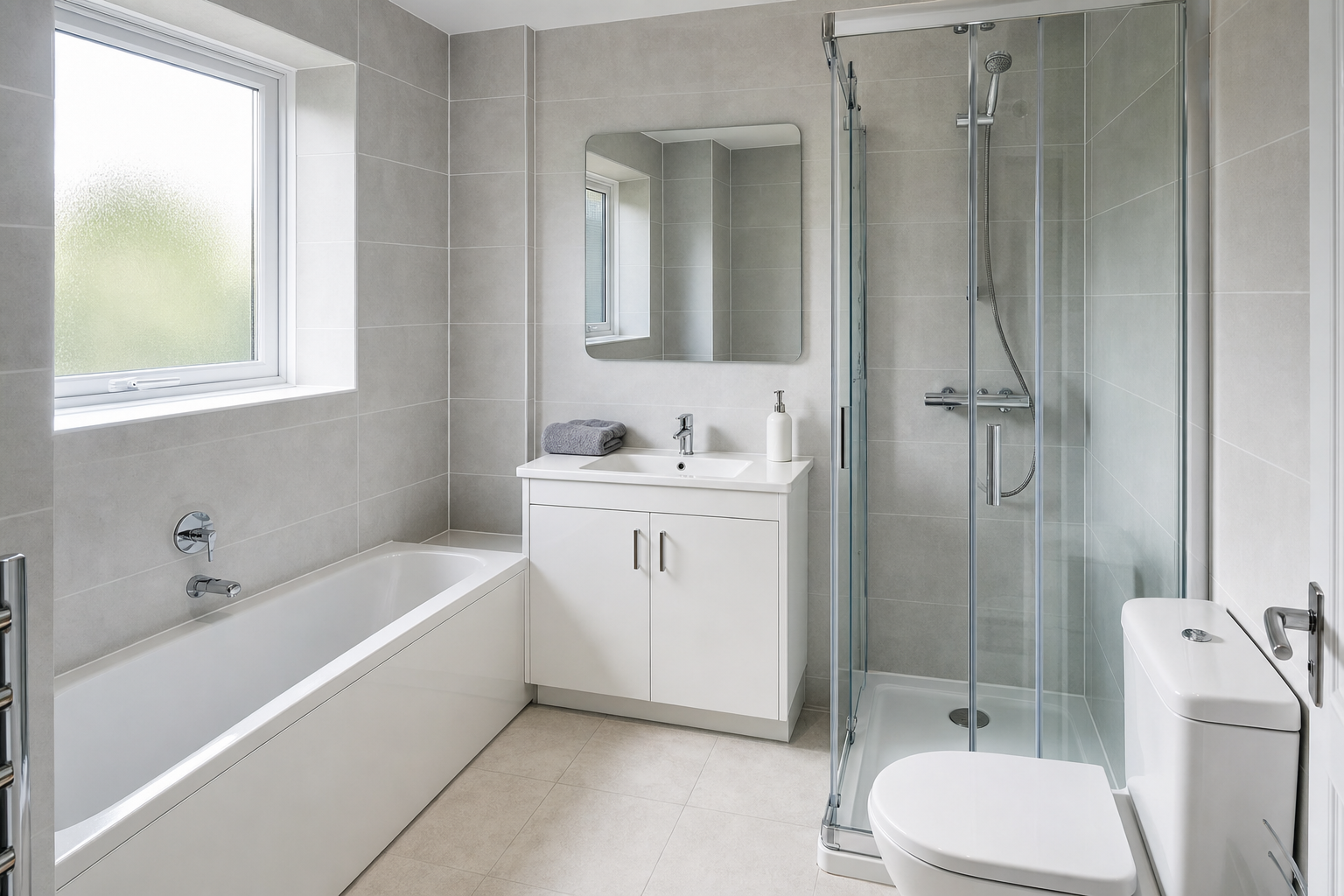 Modern bathroom with a bathtub, glass shower, toilet, and sink against light grey tiled walls.
