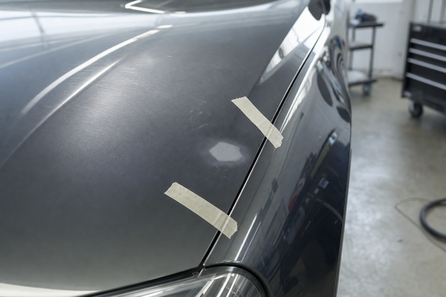 Close-up of a car bonnet with two strips of masking tape marking a dent in a garage environment.