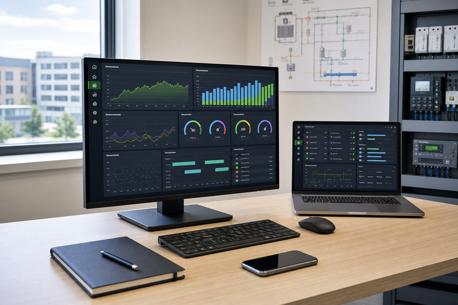 Office desk with computer monitors displaying data charts and graphs.