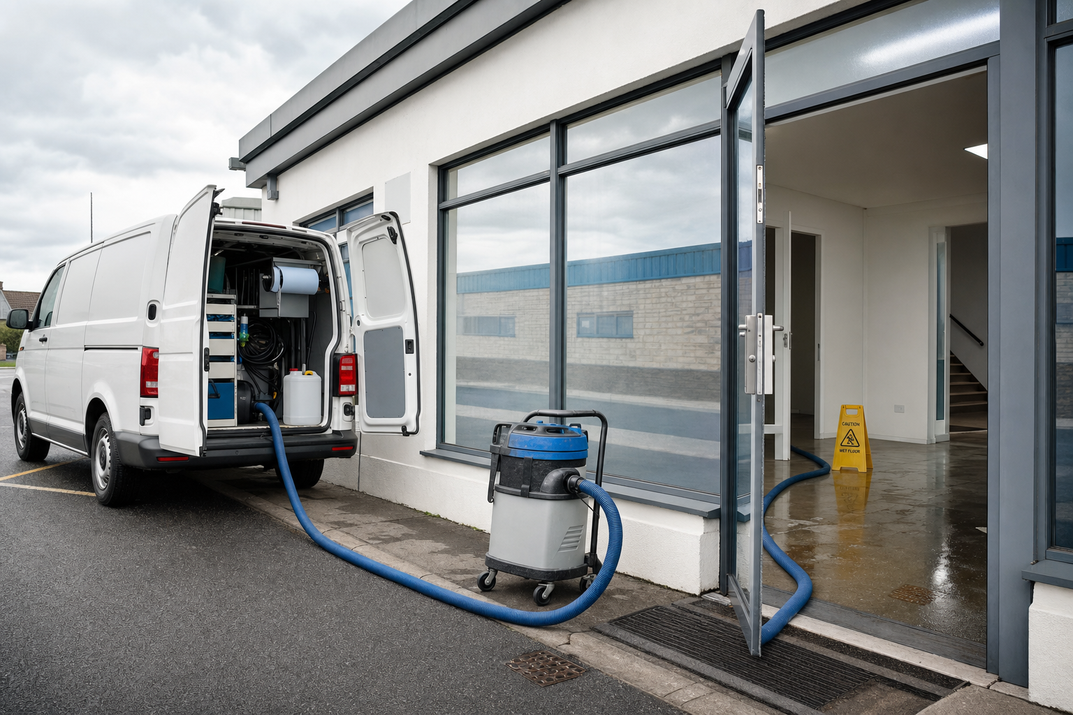 A cleaning van attached to a vacuum is outside a commercial building, with a wet floor sign visible inside.