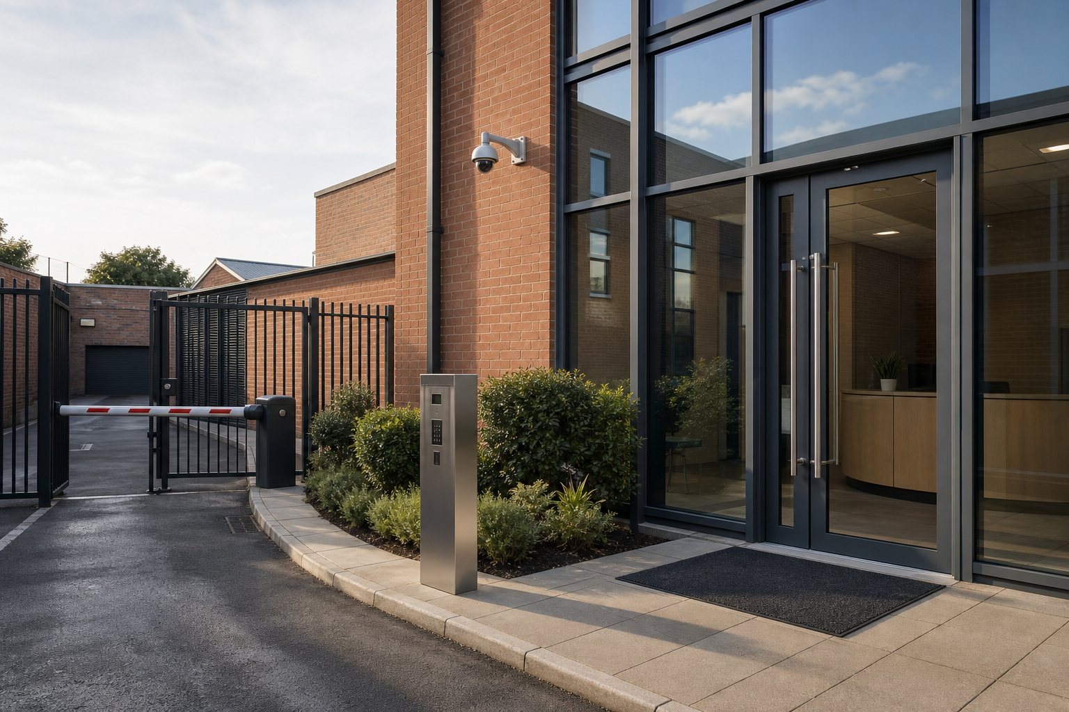 Modern office entrance with large glass doors, security camera, and a parking barrier gate next to landscaped bushes.