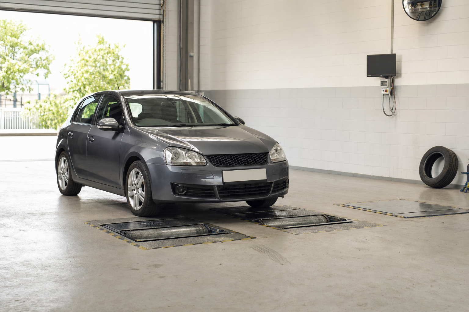 Grey hatchback car in a garage, positioned over a maintenance pit with a tyre nearby.