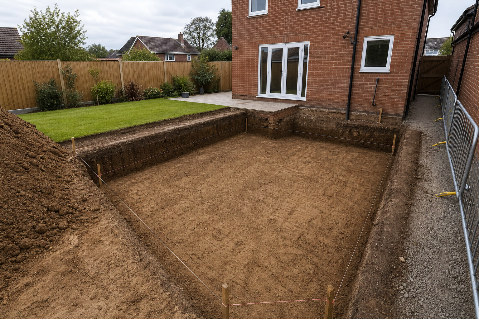 A freshly dug rectangular hole in a garden next to a brick house, prepared for construction with marked boundary lines.