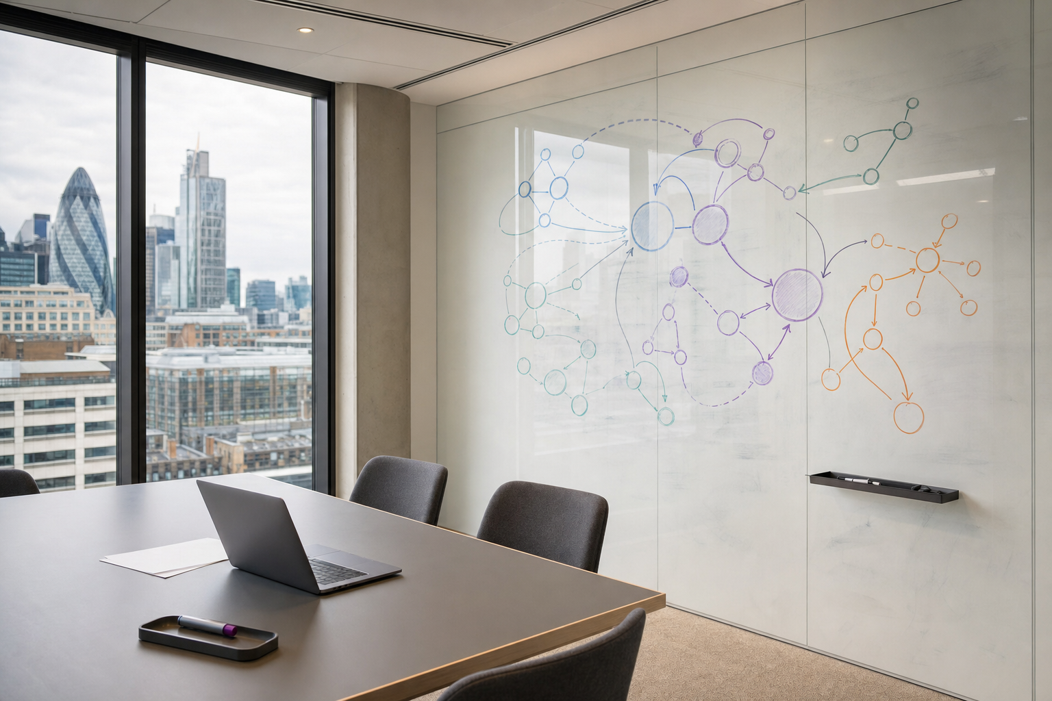 A modern conference room with a laptop, overlooking London's skyline through large windows.