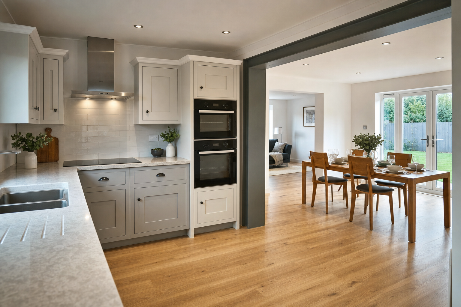 Modern open-plan kitchen and dining room with light grey cabinetry, wooden flooring, and a table set for four.