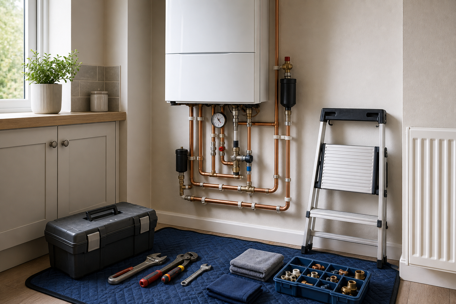 Modern boiler installation setup with tools and materials neatly organized on a mat.