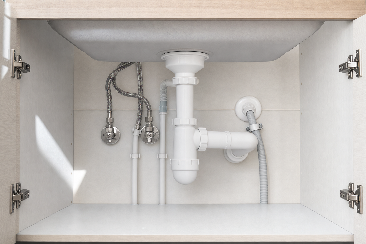 Under-sink plumbing setup with pipes, valves, and hoses inside a wooden cabinet.