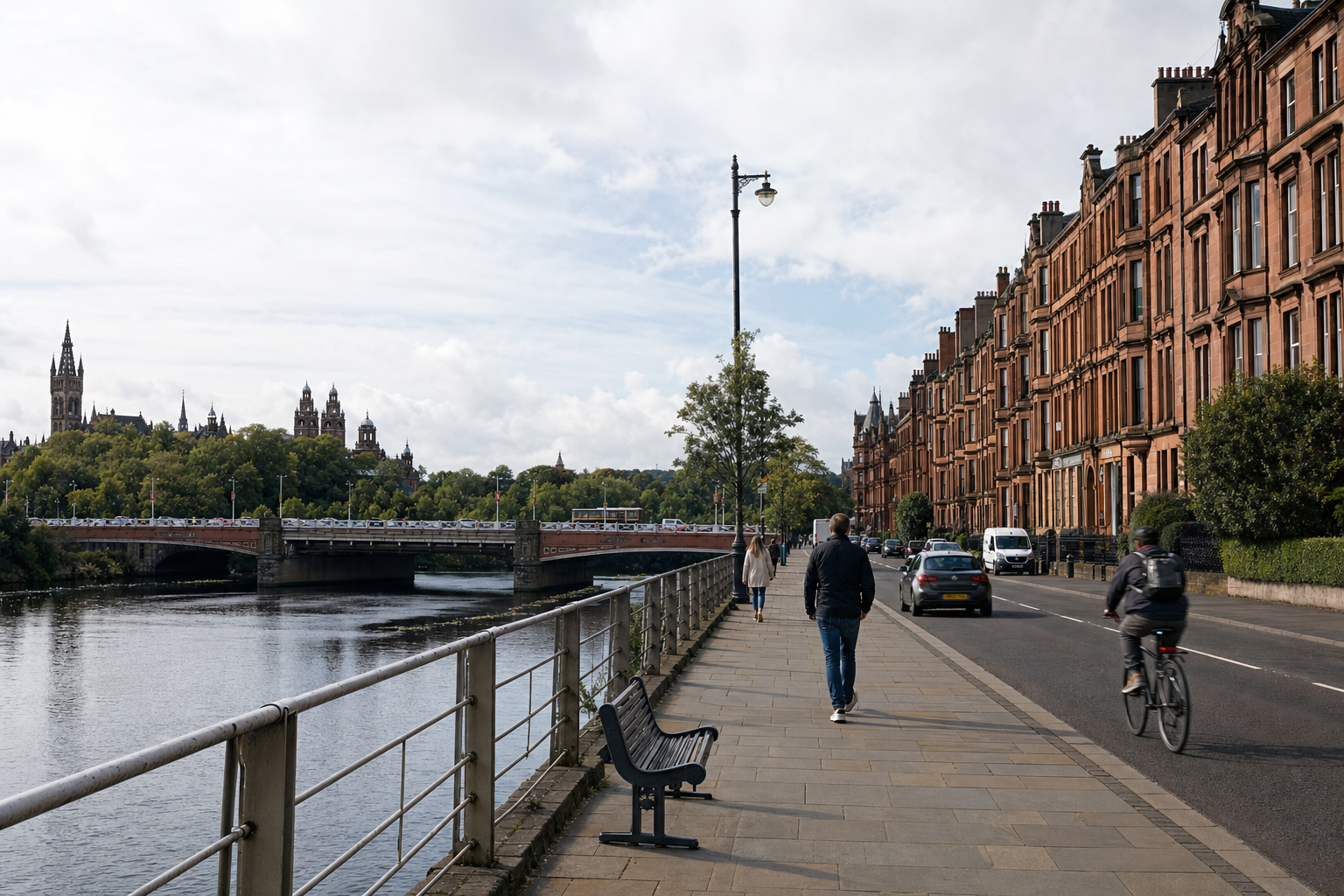 A riverside walkway with people and a cyclist, beside historic red brick buildings and a bridge.