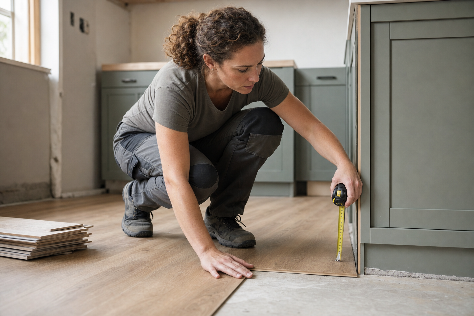 A woman measuring floorboards in a kitchen with grey cabinets, using a tape measure.