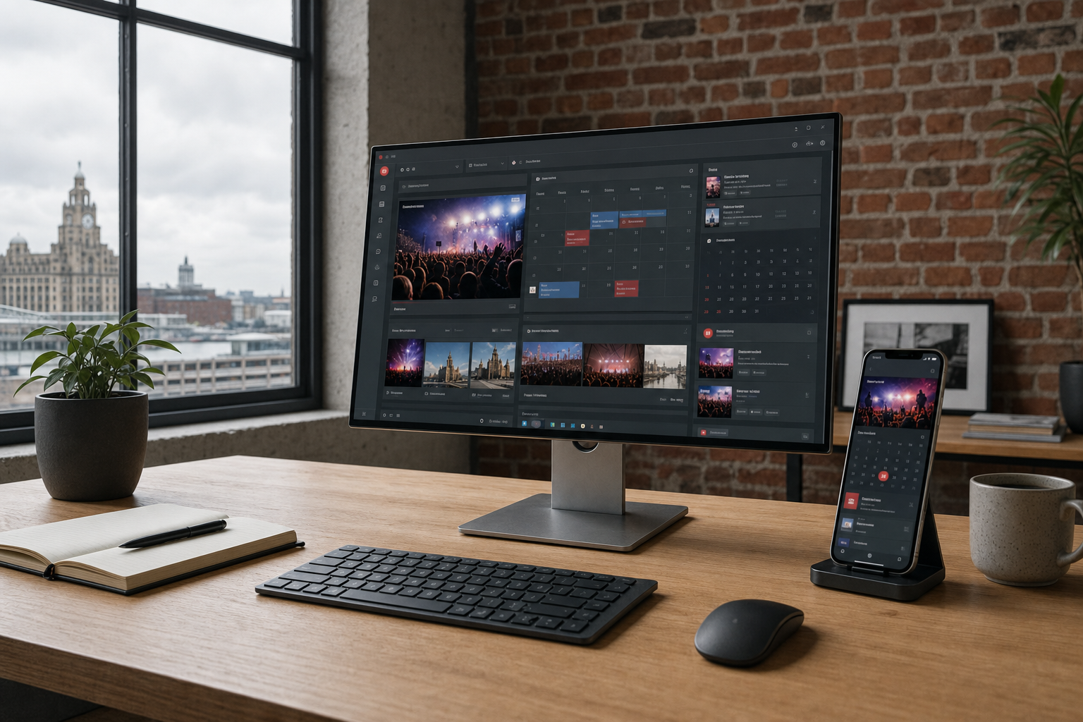 Modern office desk setup with a large monitor, smartphone, notebook, and a view of Liverpool's skyline through a window.