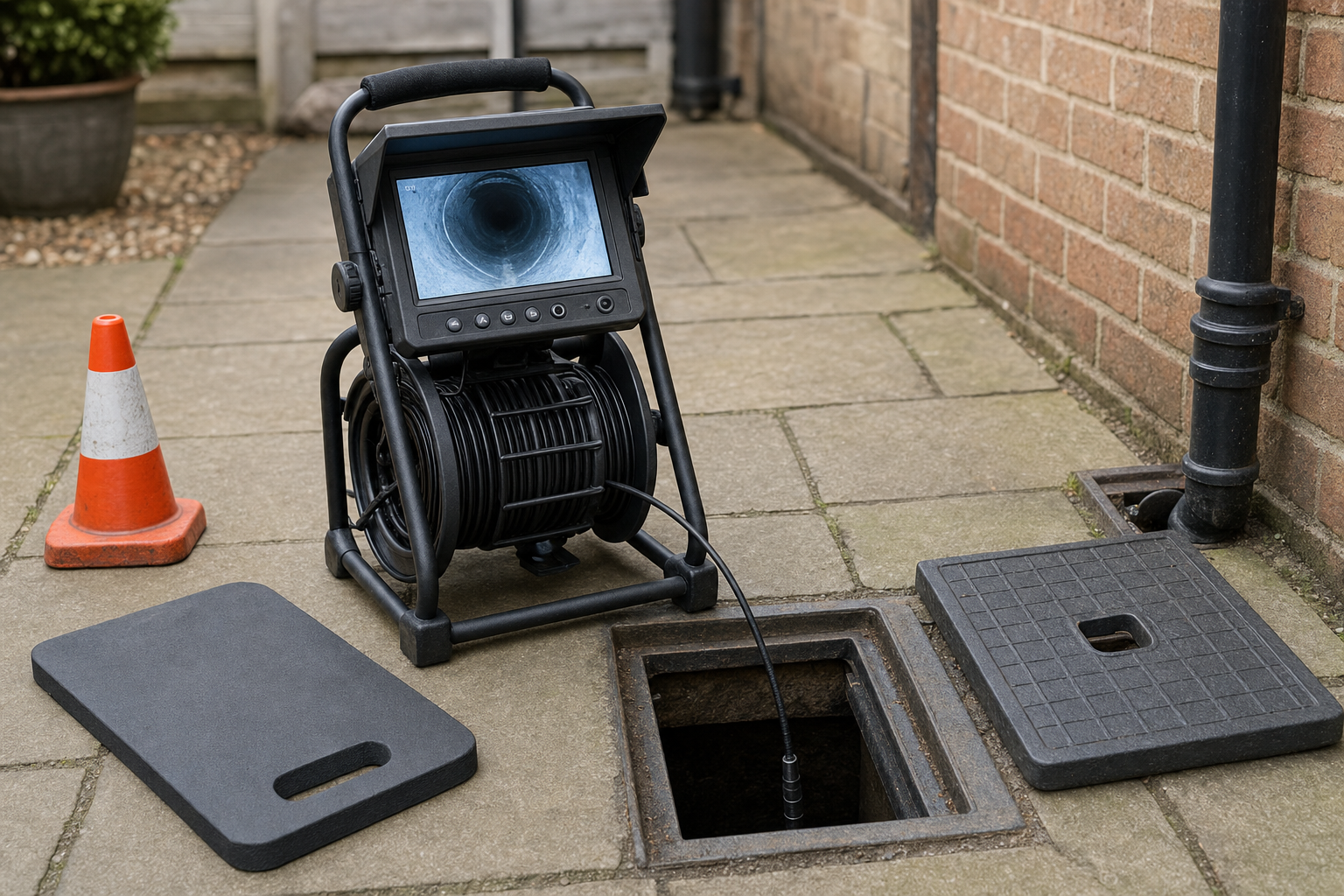 A drain inspection camera with a display screen is set up next to an open drain cover on a patio.