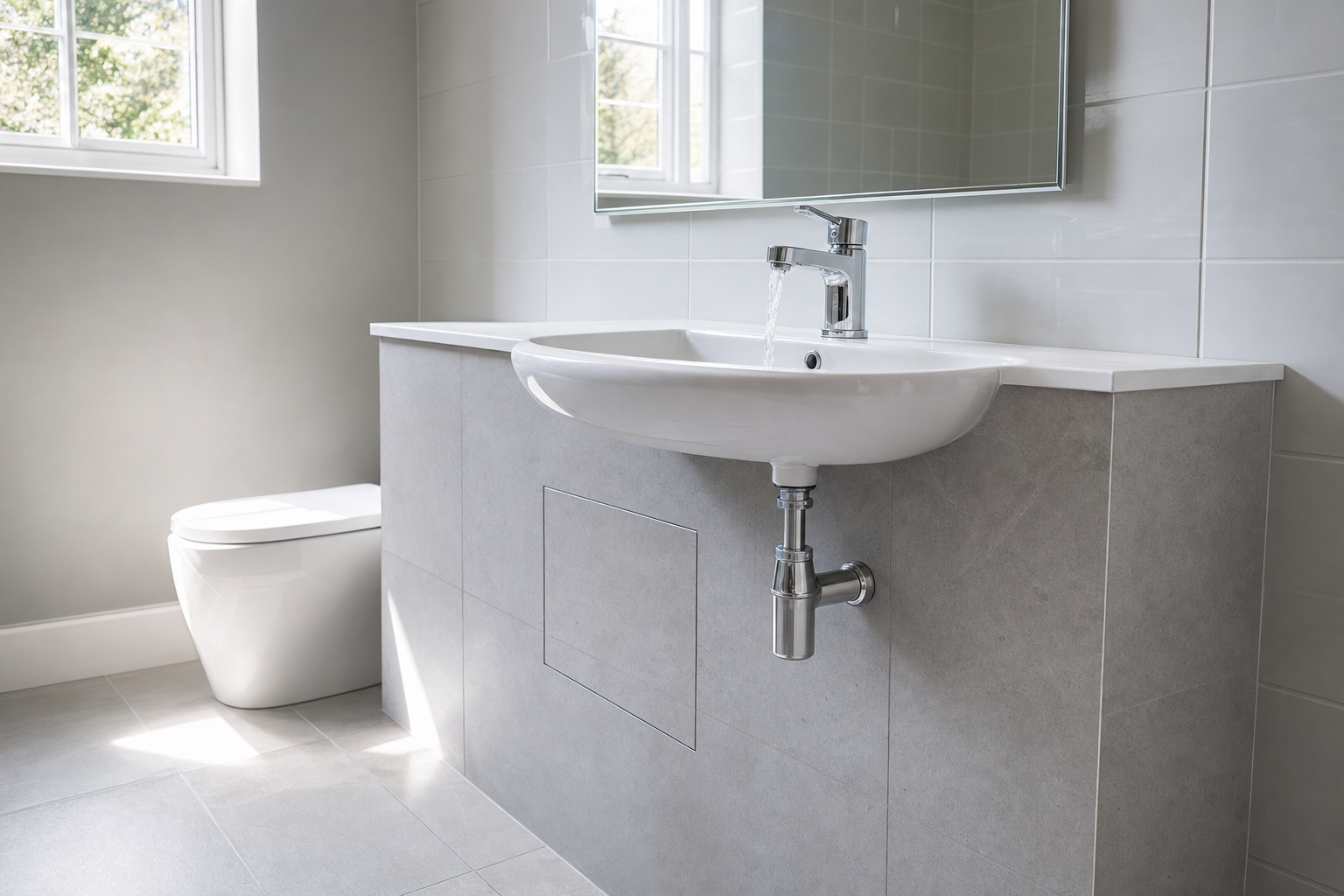 Modern bathroom with a white sink and toilet, featuring a sleek grey tile design and natural light filtering through a window.