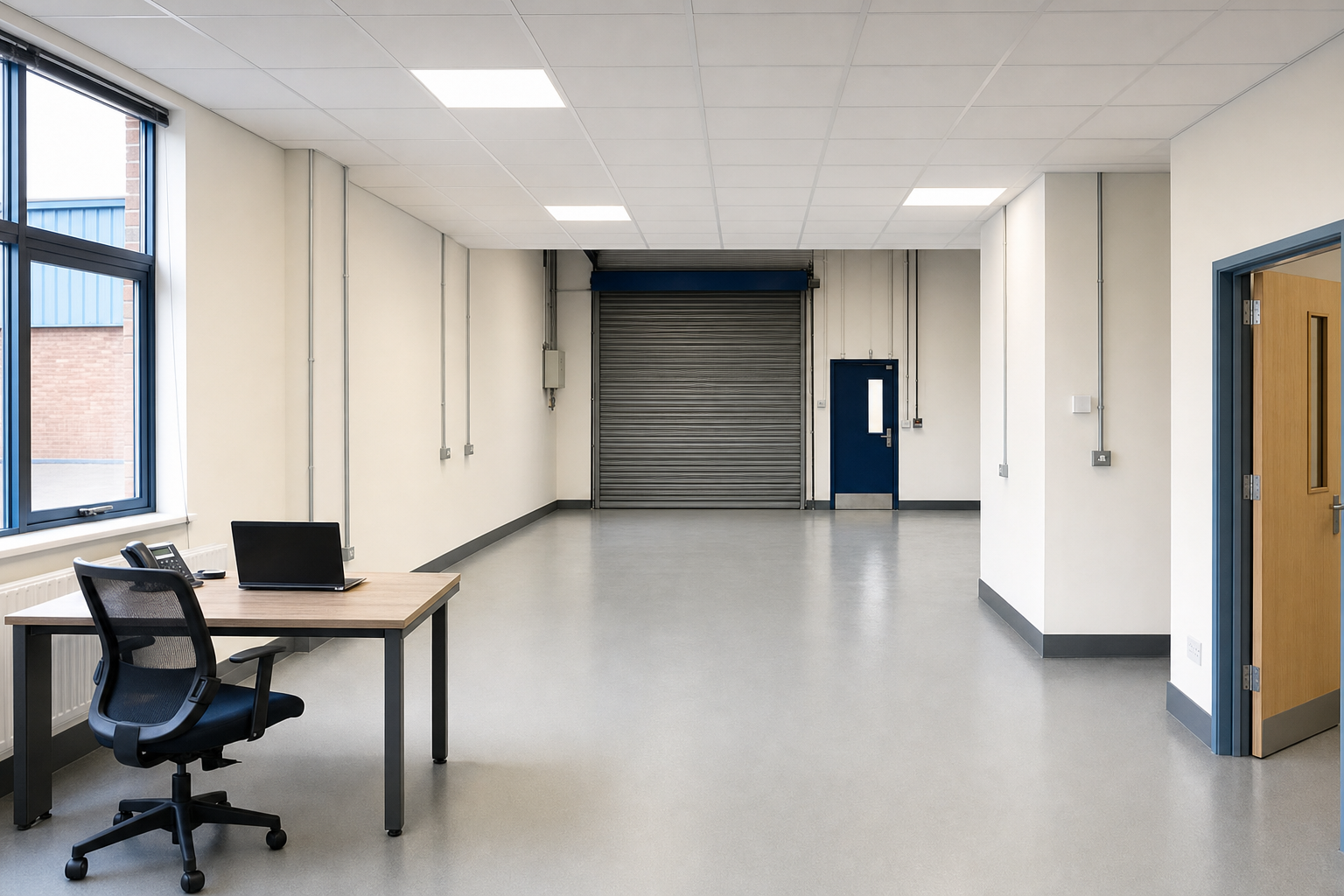 Modern empty office space with a desk, chair, and laptop near a large window, facing a closed roller shutter door.