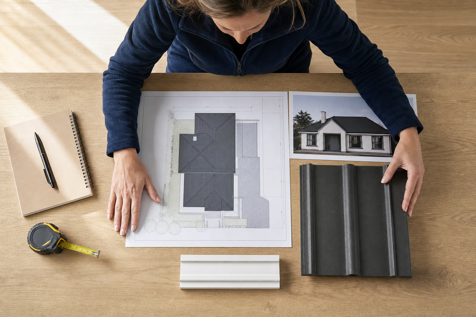 Person examining architectural plans and materials for a house project on a wooden table.