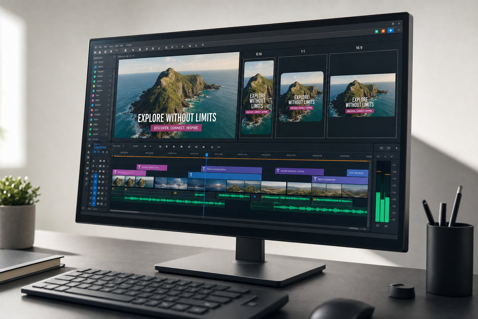 A desktop computer screen displaying video editing software with a nature scene project.