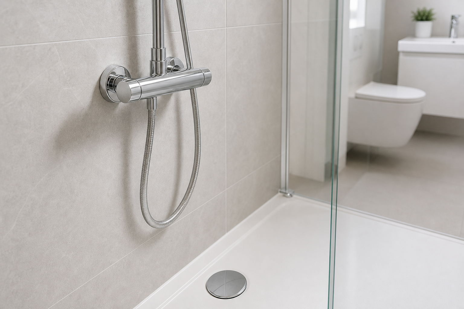 Modern minimalistic bathroom with a chrome shower fixture and glass screen next to a white toilet and sink.
