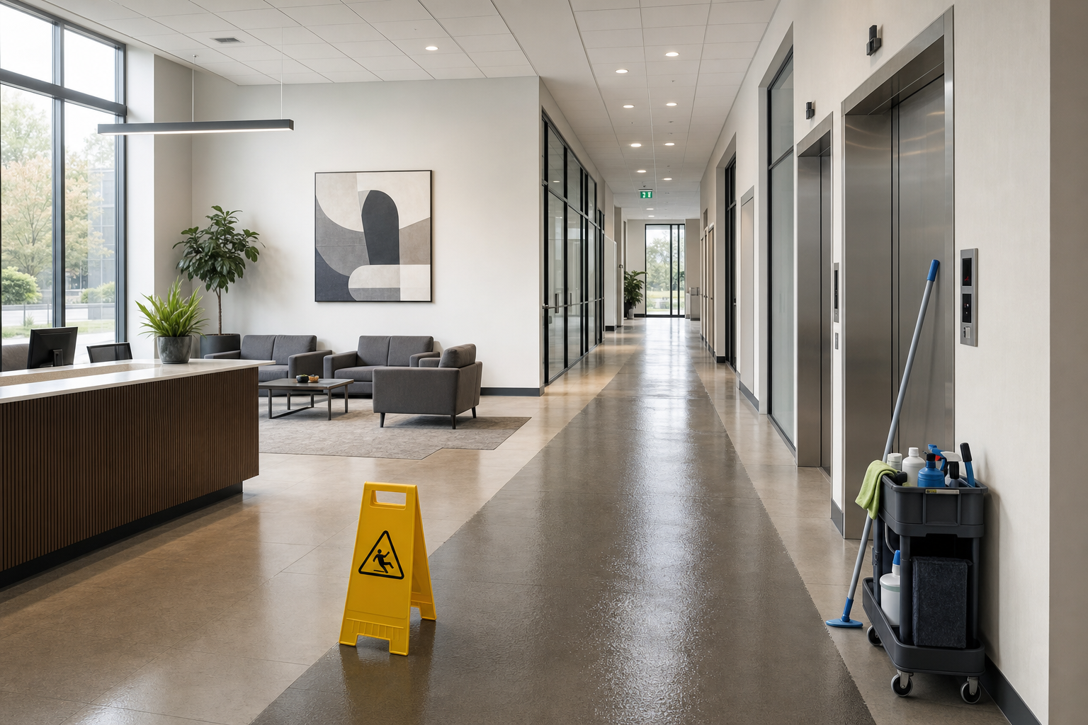 Modern office foyer with a wet floor sign and janitorial cart beside the lifts.