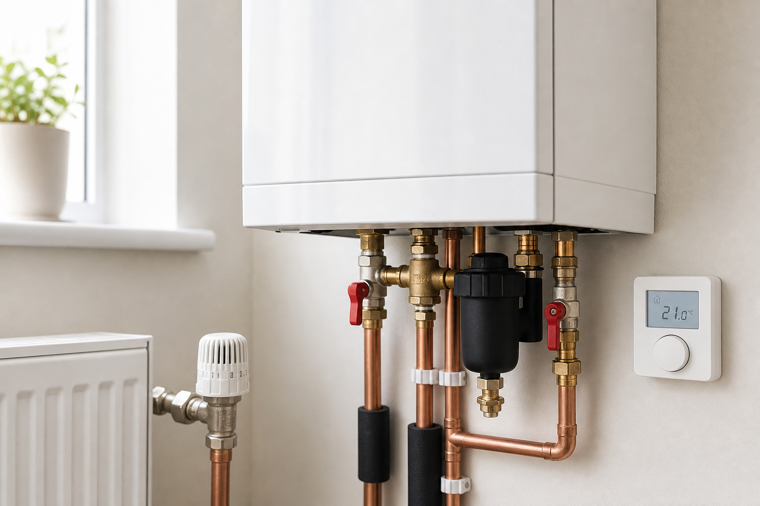 Modern central heating system with exposed copper pipes and digital thermostat on wall.