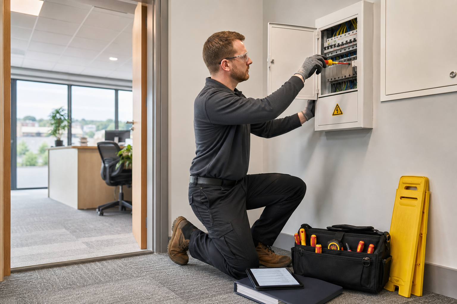 Technician kneeling and working on an electrical panel in an office.