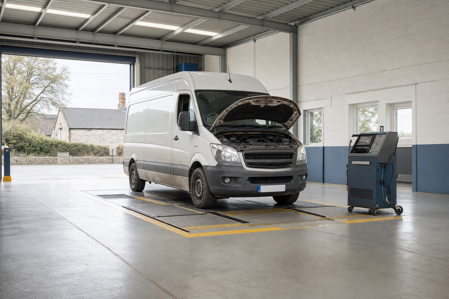 White van with the bonnet open undergoing testing in a garage.