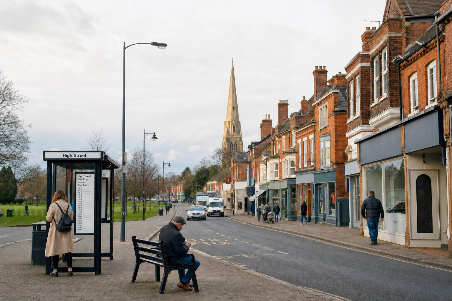 People wait at a bus stop on a quaint high street with a tall church spire in the background.