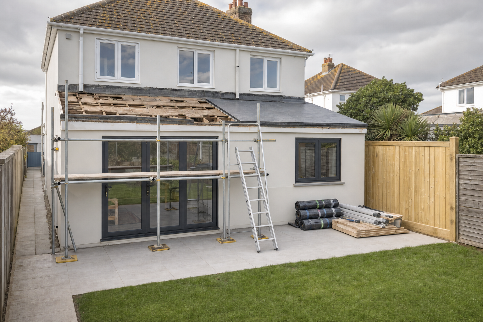A two-storey house undergoing roof renovation with scaffolding in place and building materials stacked nearby.