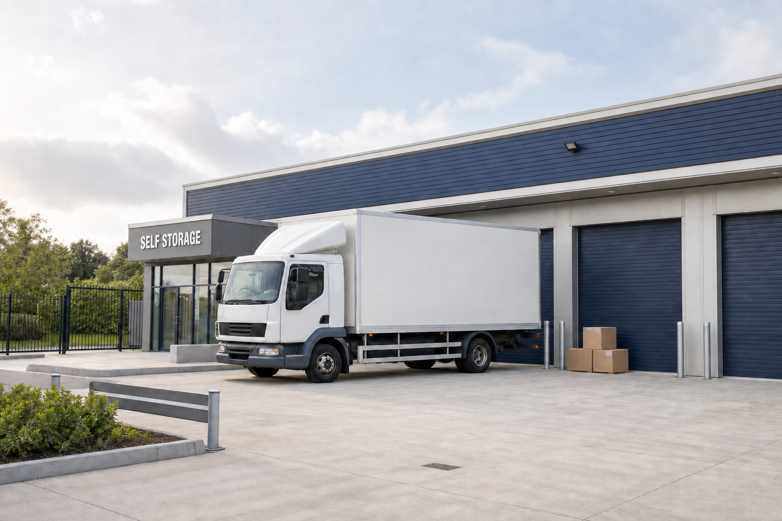 A white lorry parked beside a self-storage facility with blue doors and cardboard boxes stacked nearby.