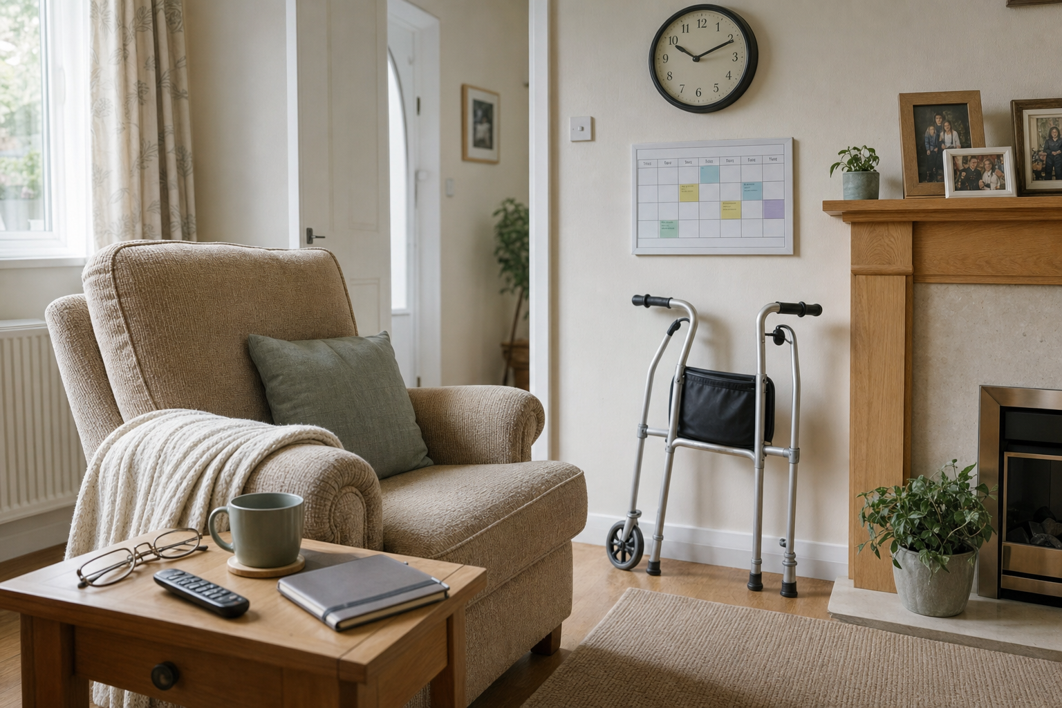 Cosy living room with an armchair, side table, and a walker next to the fireplace.