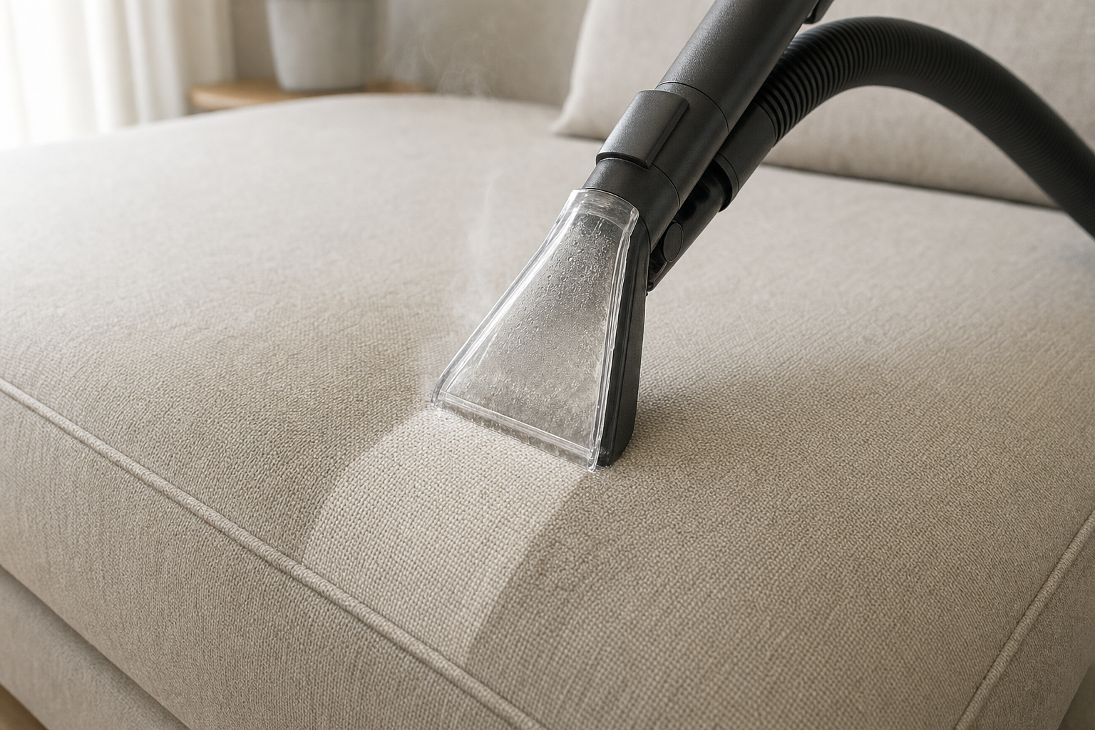A vacuum cleaner hose attachment cleans a light-coloured fabric sofa, removing dirt and stains.