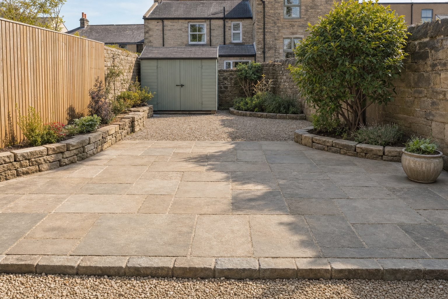 A stone-paved courtyard with a garden shed and neatly arranged plants against a fenced wall.