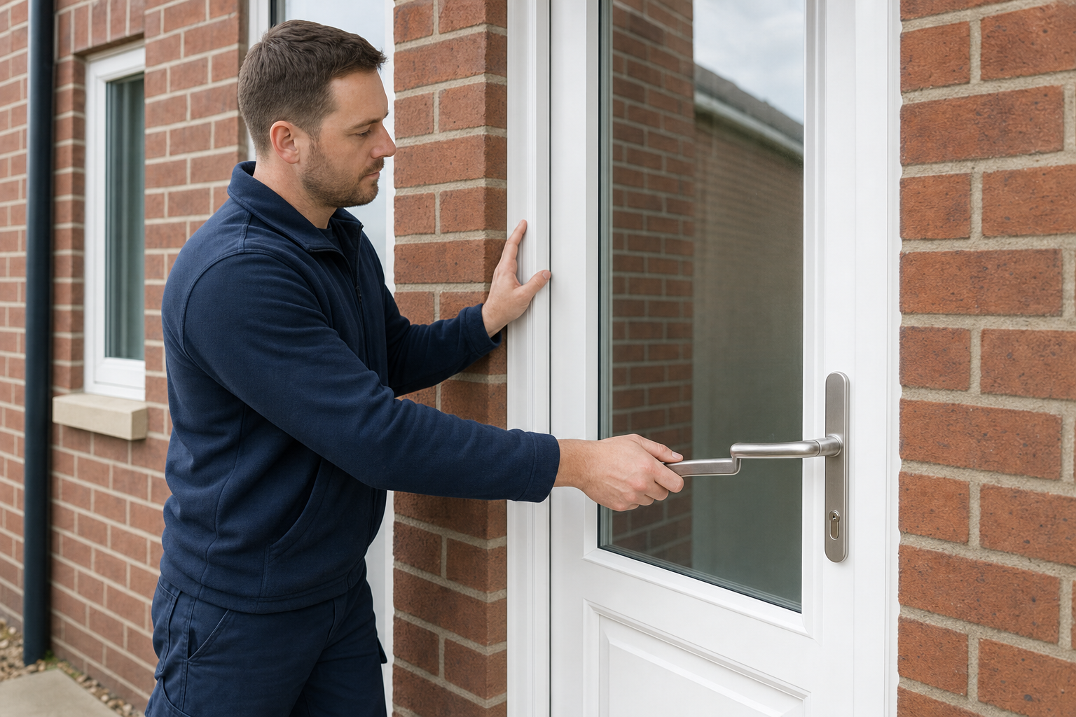 A man in a blue uniform opens a white door on a brick building.