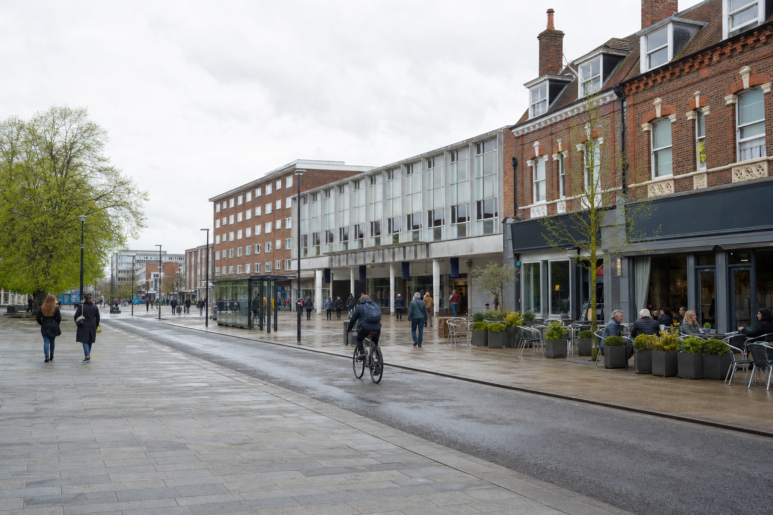 A cyclist rides along a damp city street lined with pedestrians, outdoor diners, and modern buildings under a cloudy sky.