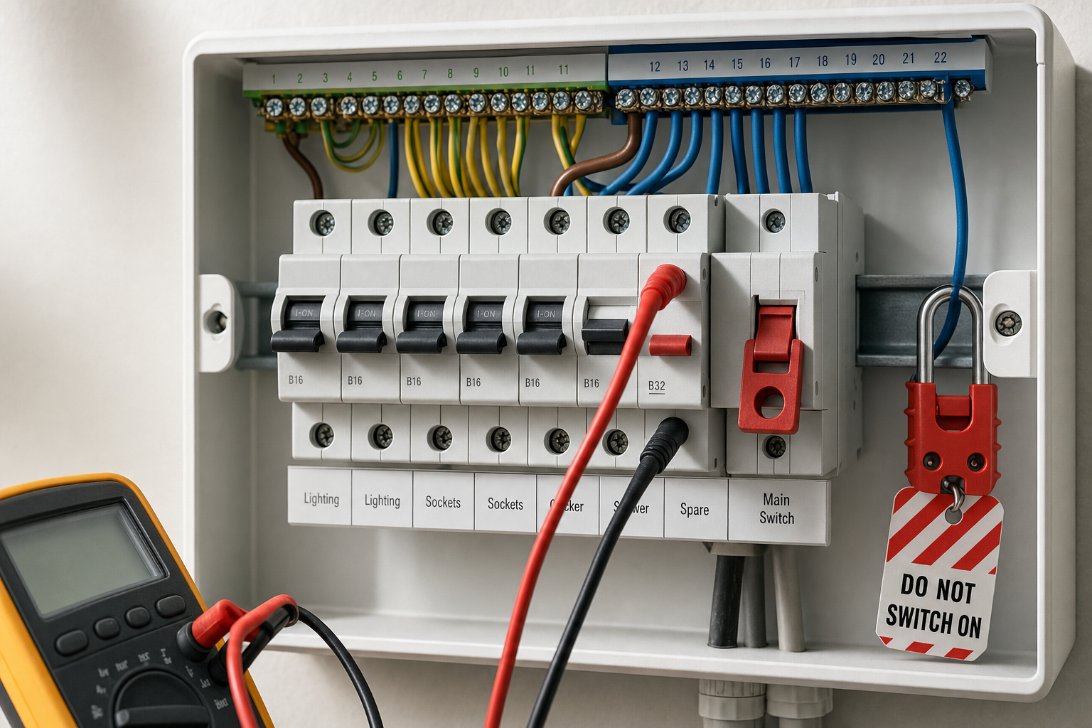An open electrical circuit breaker panel with labelled switches and a multimeter connected, showing a "Do Not Switch On" lockout tag.