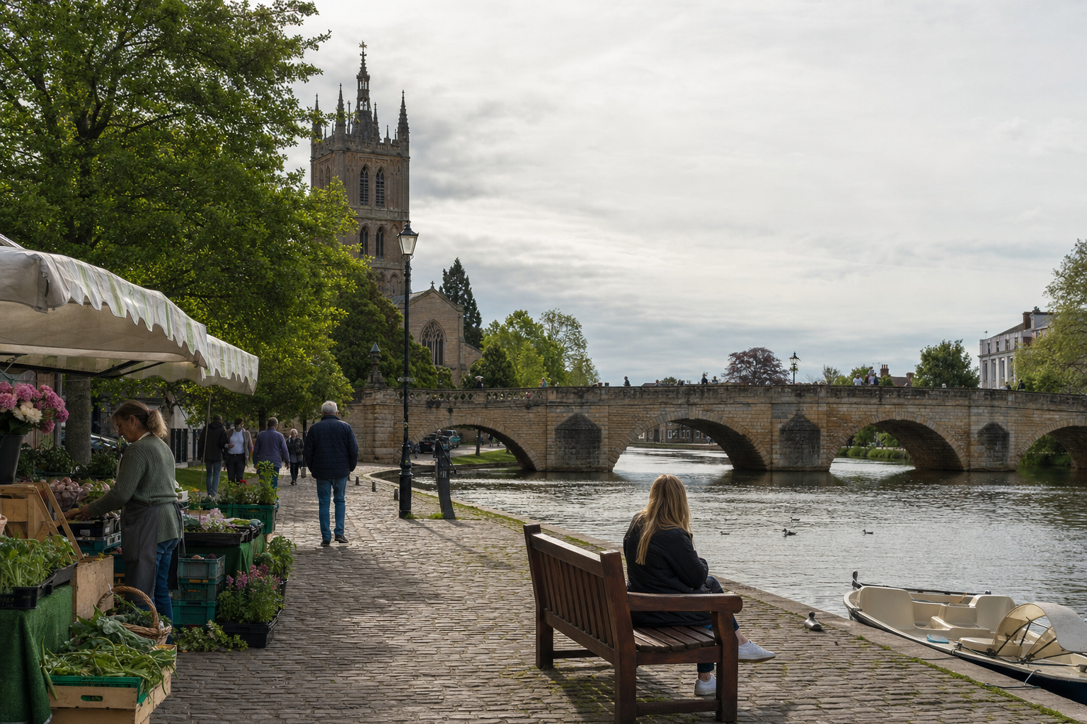 People stroll and relax by the riverbank near a stone bridge and a church tower, with a market stall on the left.