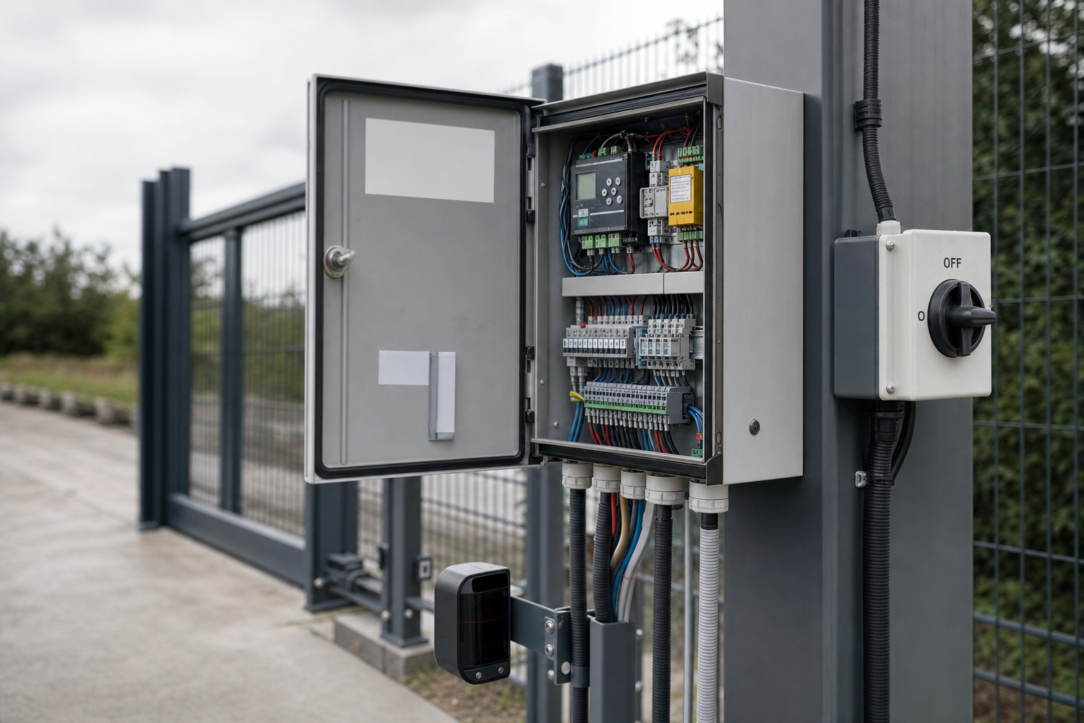 Open electrical control panel with wires and components beside a metal fence outdoors.
