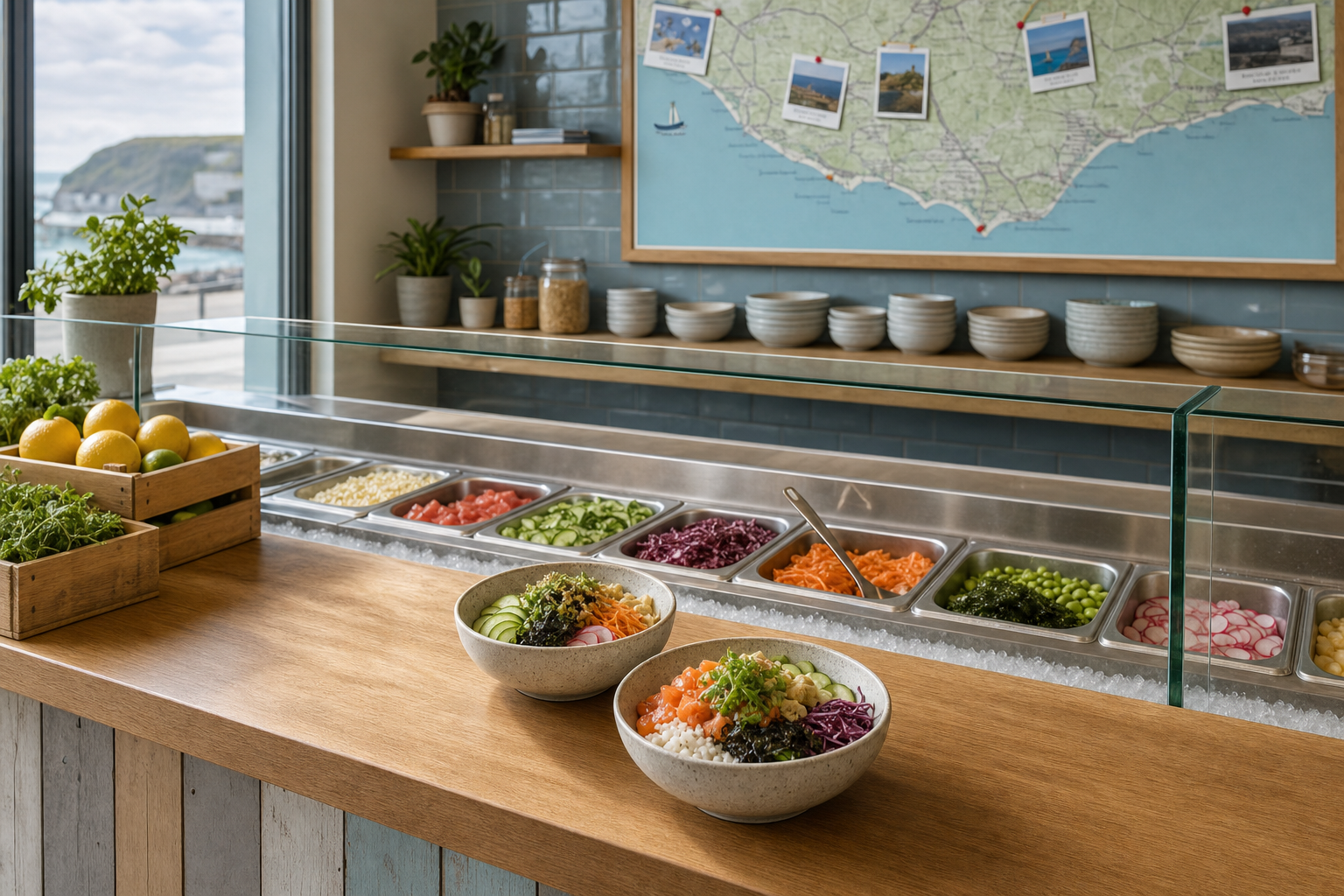 Salad bar with two bowls of colourful vegetables and grains, set against a coastal backdrop and a wall map.