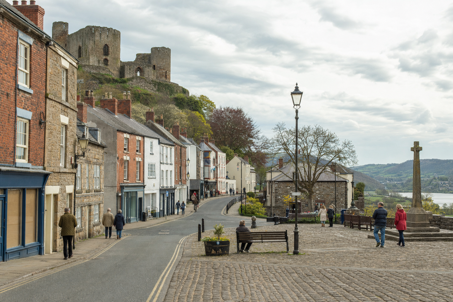 Historic castle overlooks a quaint town street with people strolling and scenic countryside views.