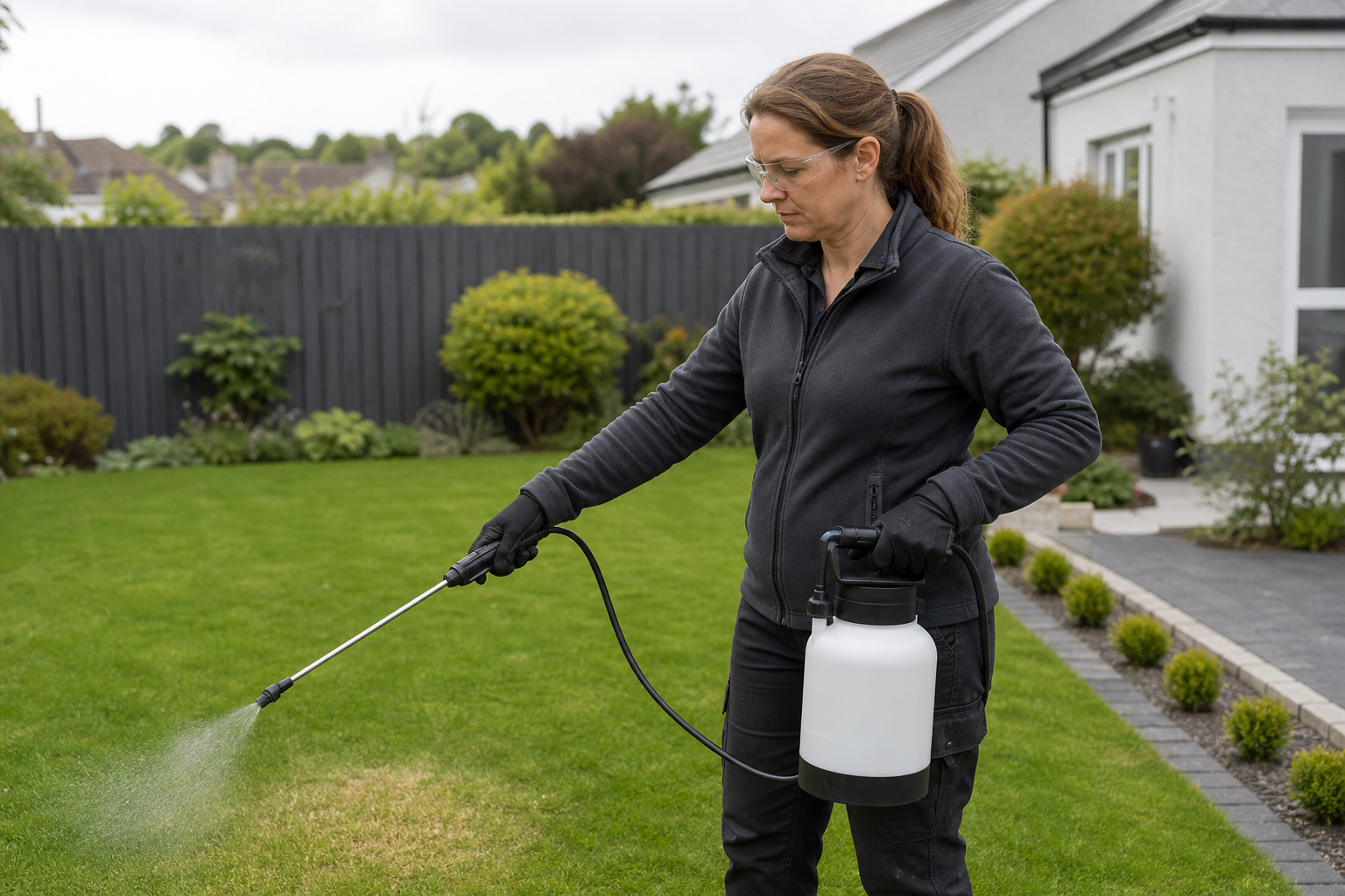 A woman wearing gloves and goggles sprays a lawn with a garden sprayer in front of a house.