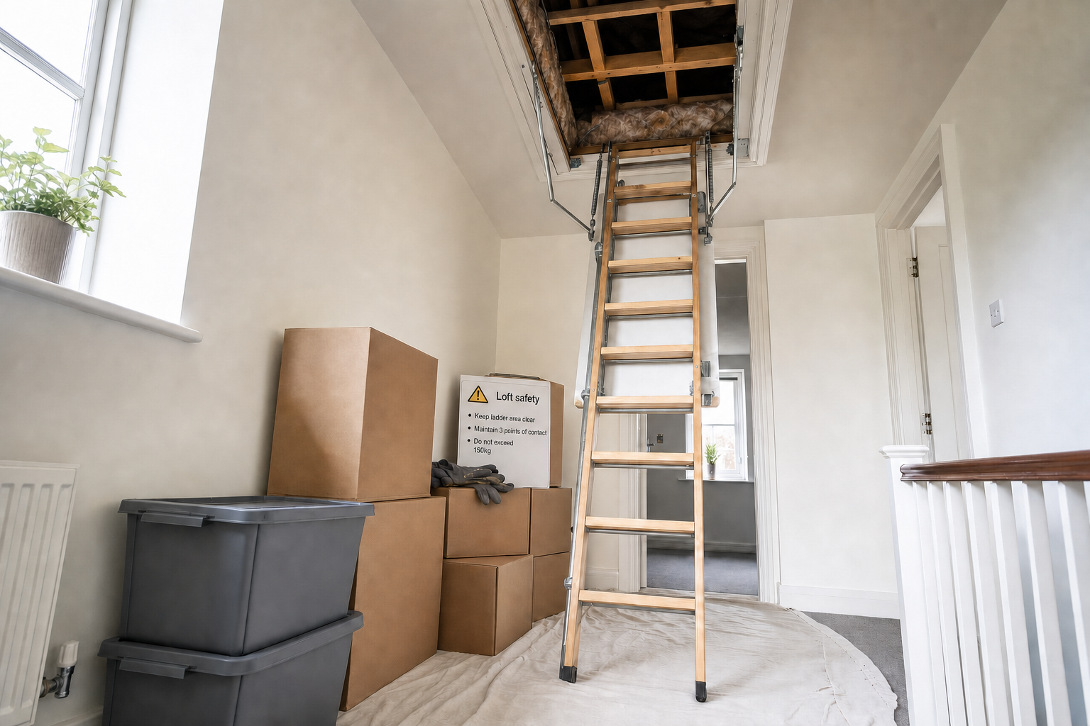 A wooden loft ladder extends to the hallway floor, surrounded by cardboard boxes and a loft safety sign.