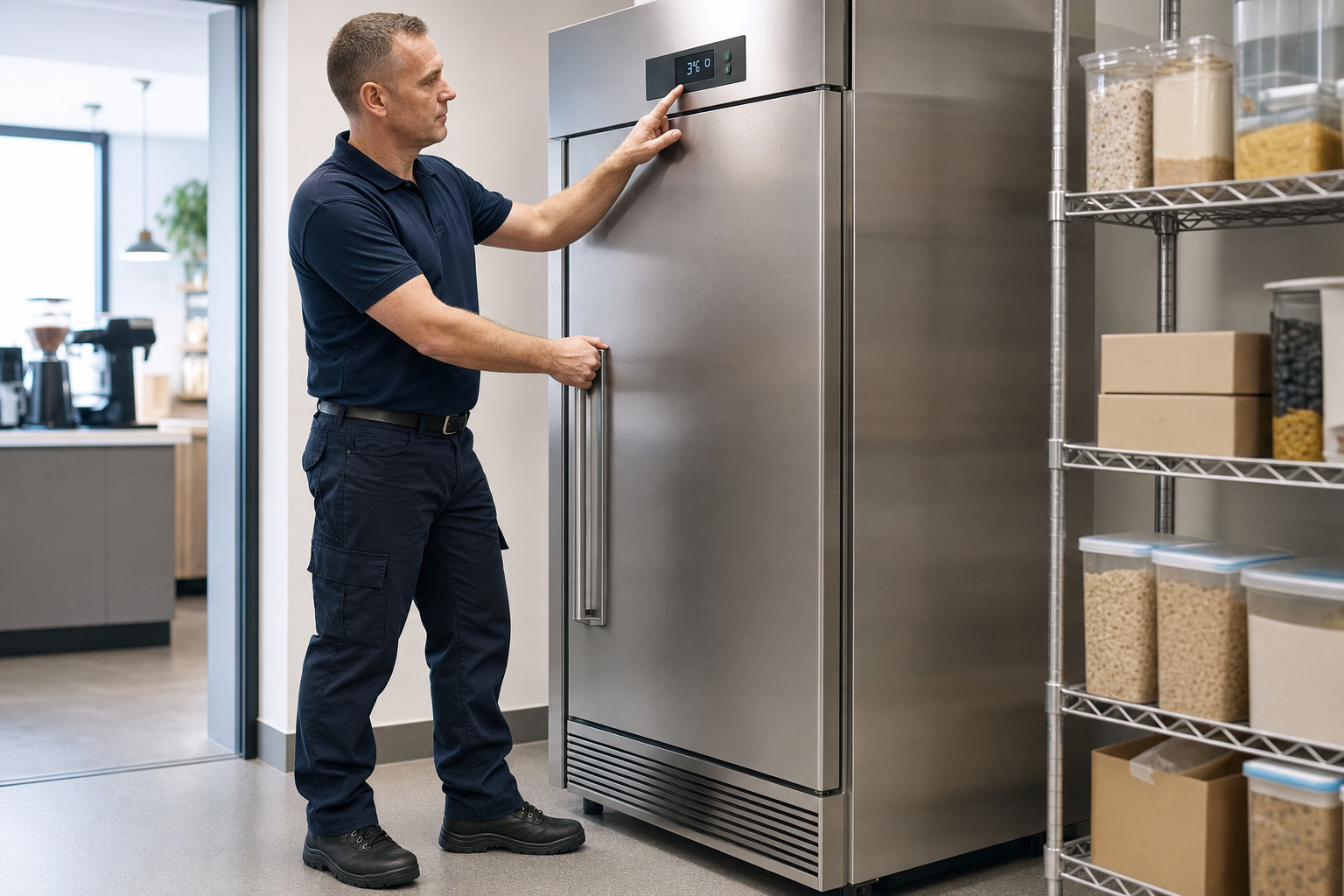 Man adjusting the temperature on a large stainless steel fridge in a modern kitchen setting.